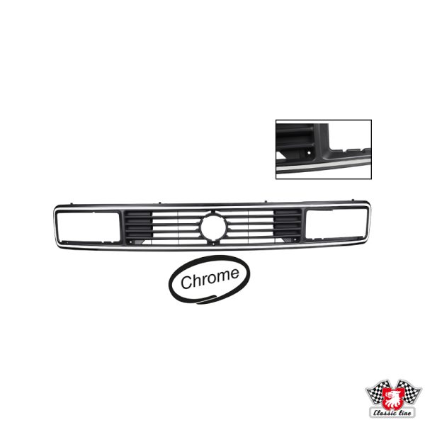 WV-255-853-652J Radiator grille for square headlamps, black with adhesive chrome edge ,emblem 125mm